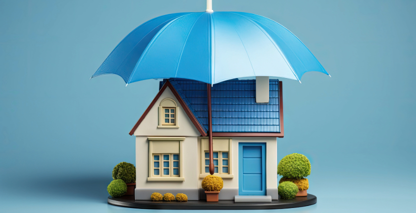 Illustratie van een miniatuurhuisje met een blauwe paraplu eroverheen